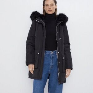 ZARA Black Padded Puffer Hooded Parka Coat sz L